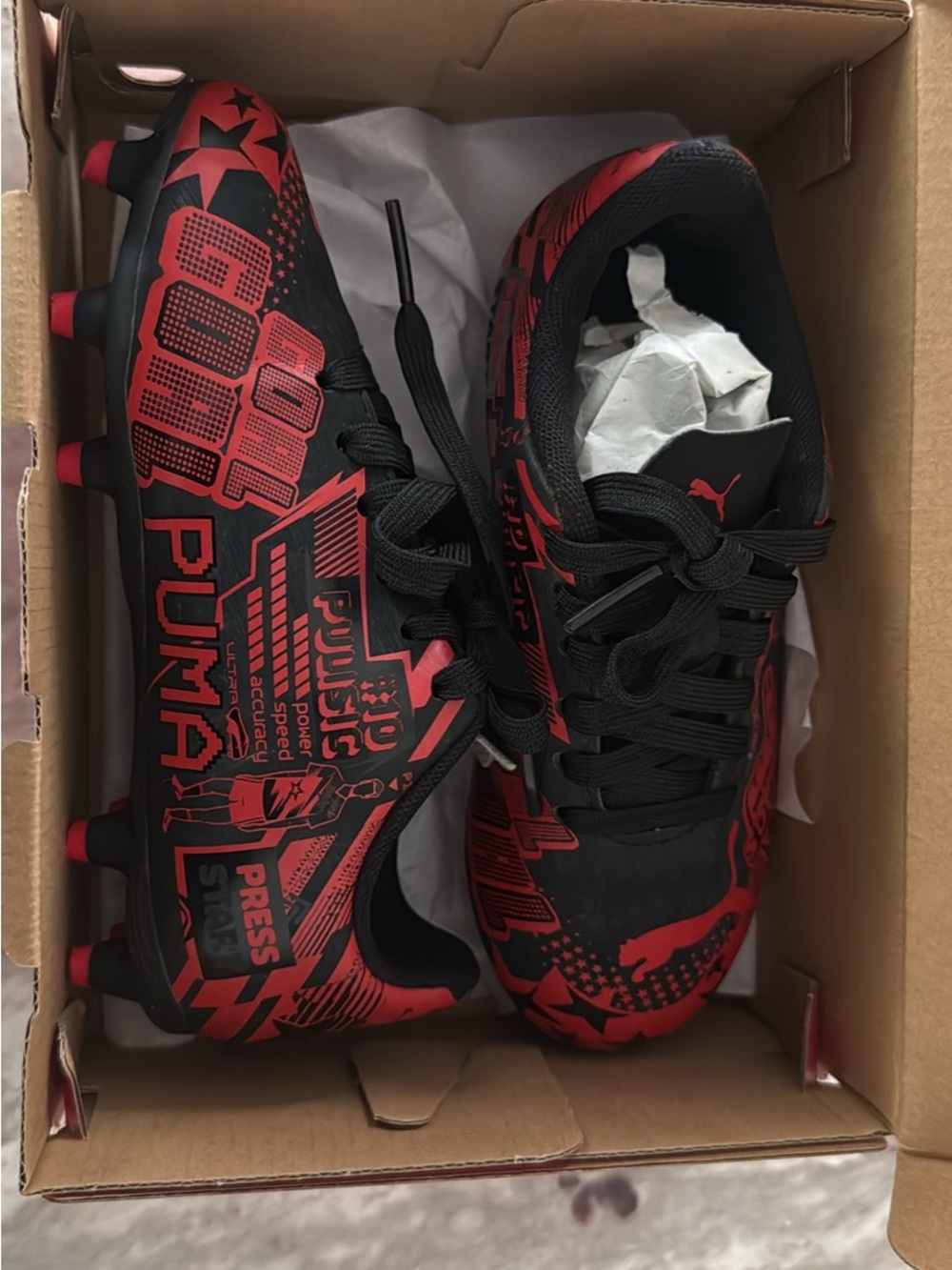Puma Kids Black and Red Graphic Soccer Cleats